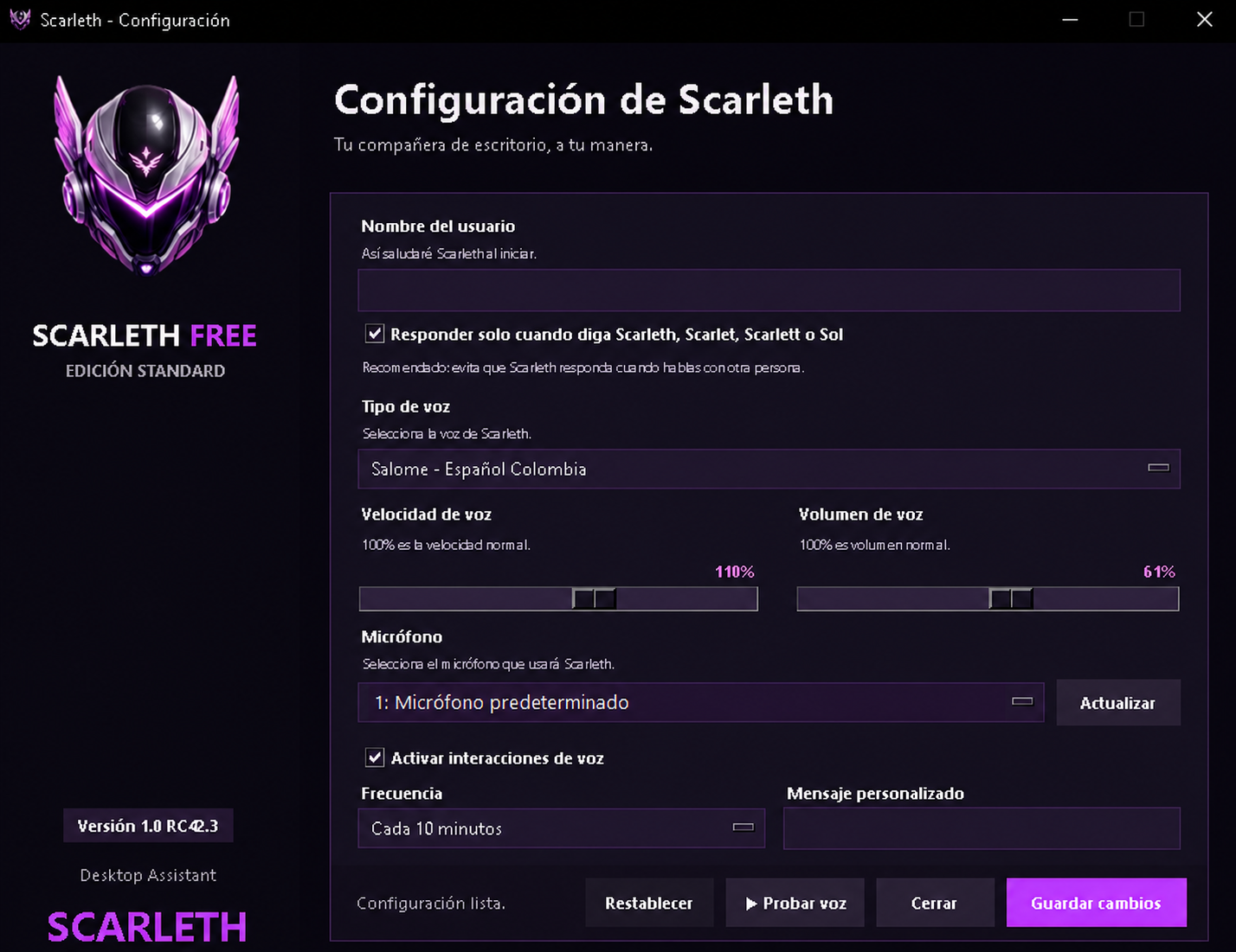 Pantalla de configuración de Scarleth